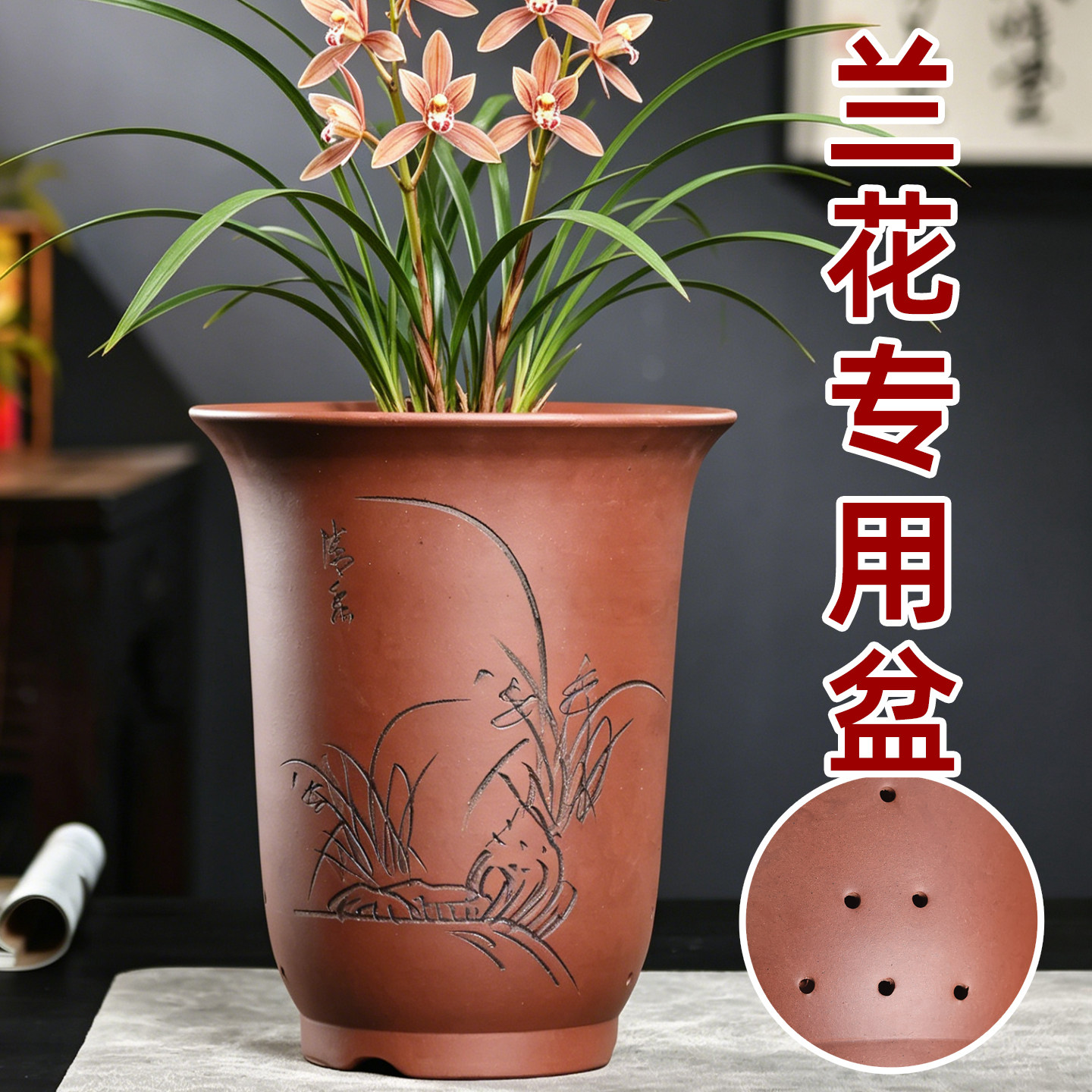 宜兴紫砂兰花盆君子兰花盆专用盆特大号家用吊兰盆兰草盆陶瓷特价