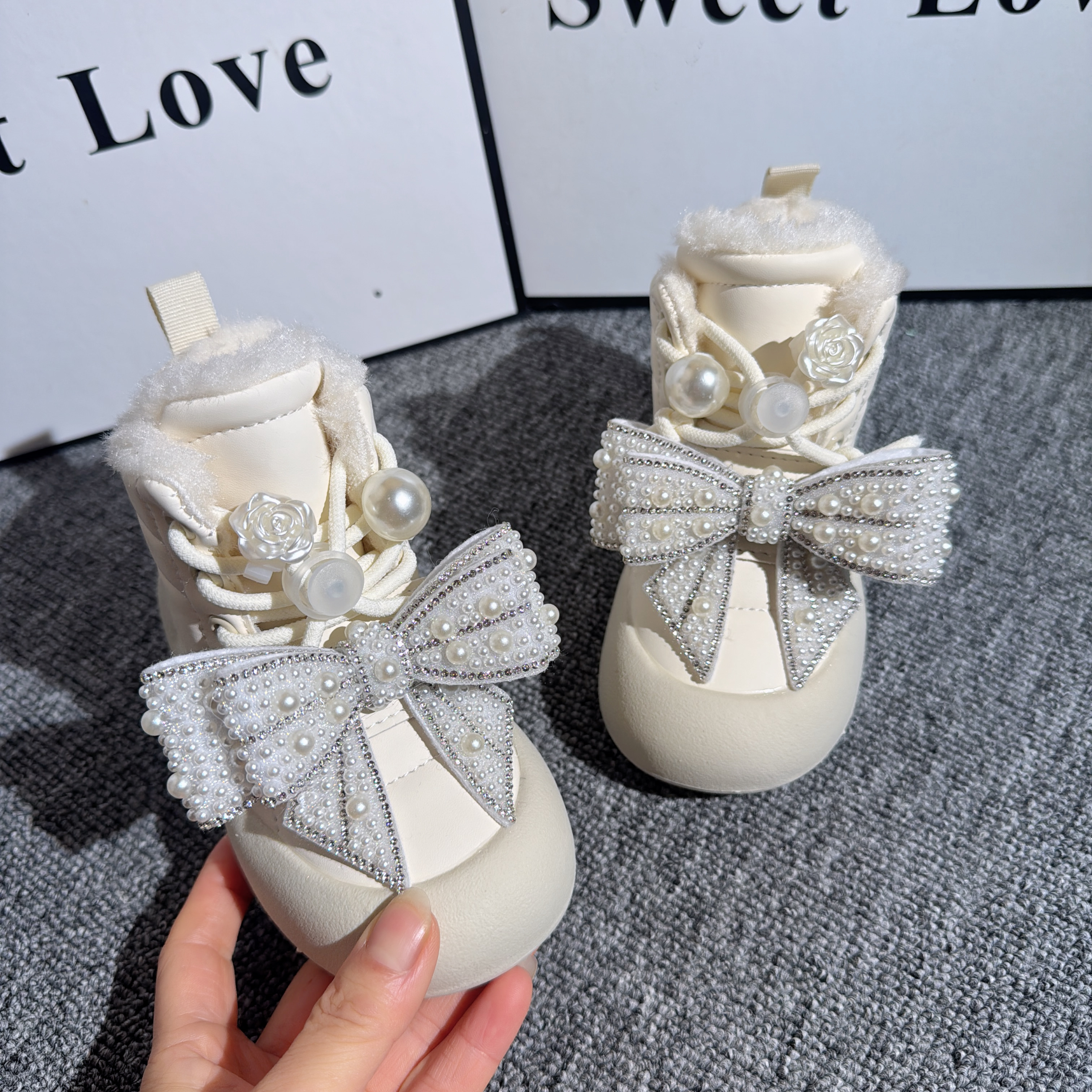 儿童靴子2025年冬季新款加绒棉靴珍珠蝴蝶公主童靴厚底女童短靴子