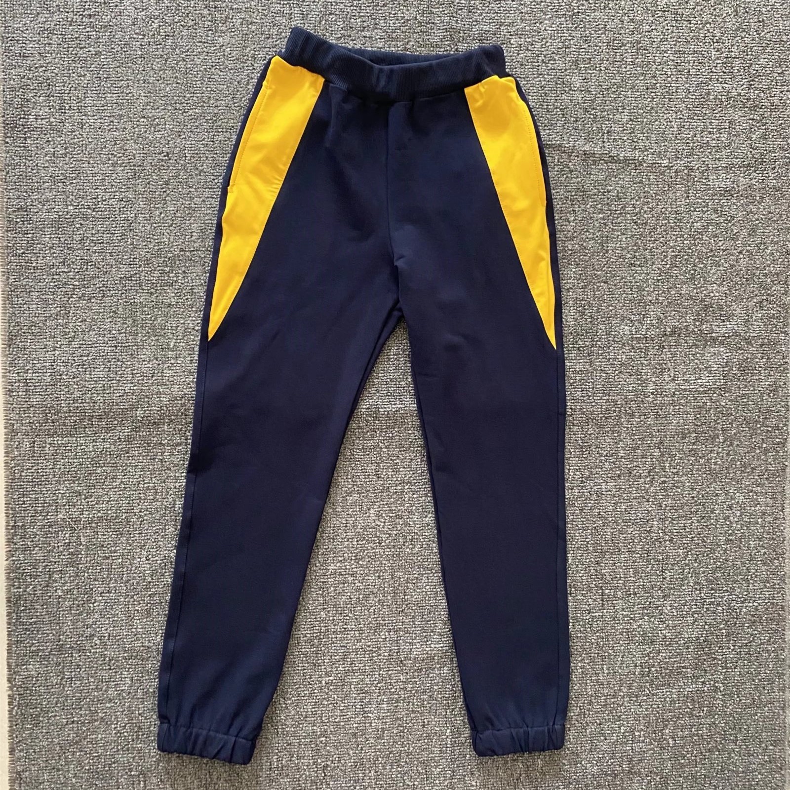 春秋冬季中小学生纯棉深蓝校服裤拼黄三角收口运动裤加绒加厚定制