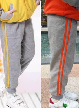 冬季加绒加厚校裤灰色彩条校服裤两道杠中小学生运动长裤定制班服