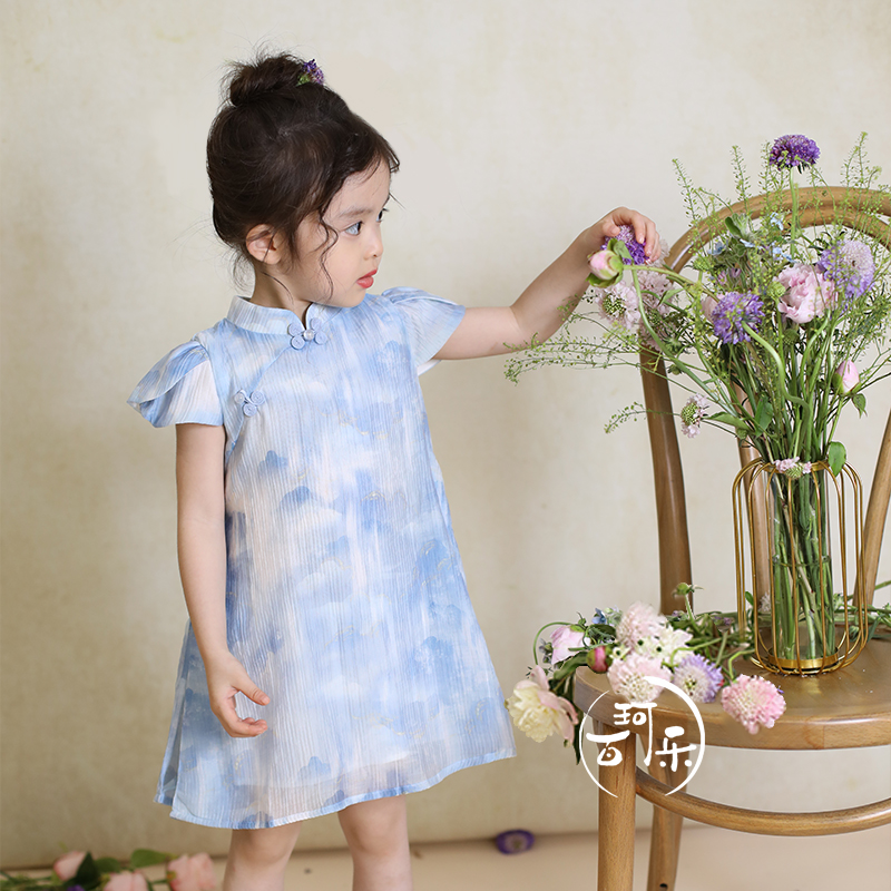 女童天丝蓝色小飞袖旗袍改良国风连衣裙姐弟装男童中式短袖棉套装