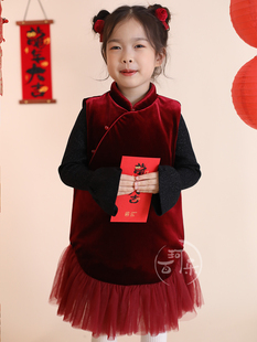 男女童中式国风汉服外套秋冬儿童复古红色丝绒夹棉唐装外套拜年服