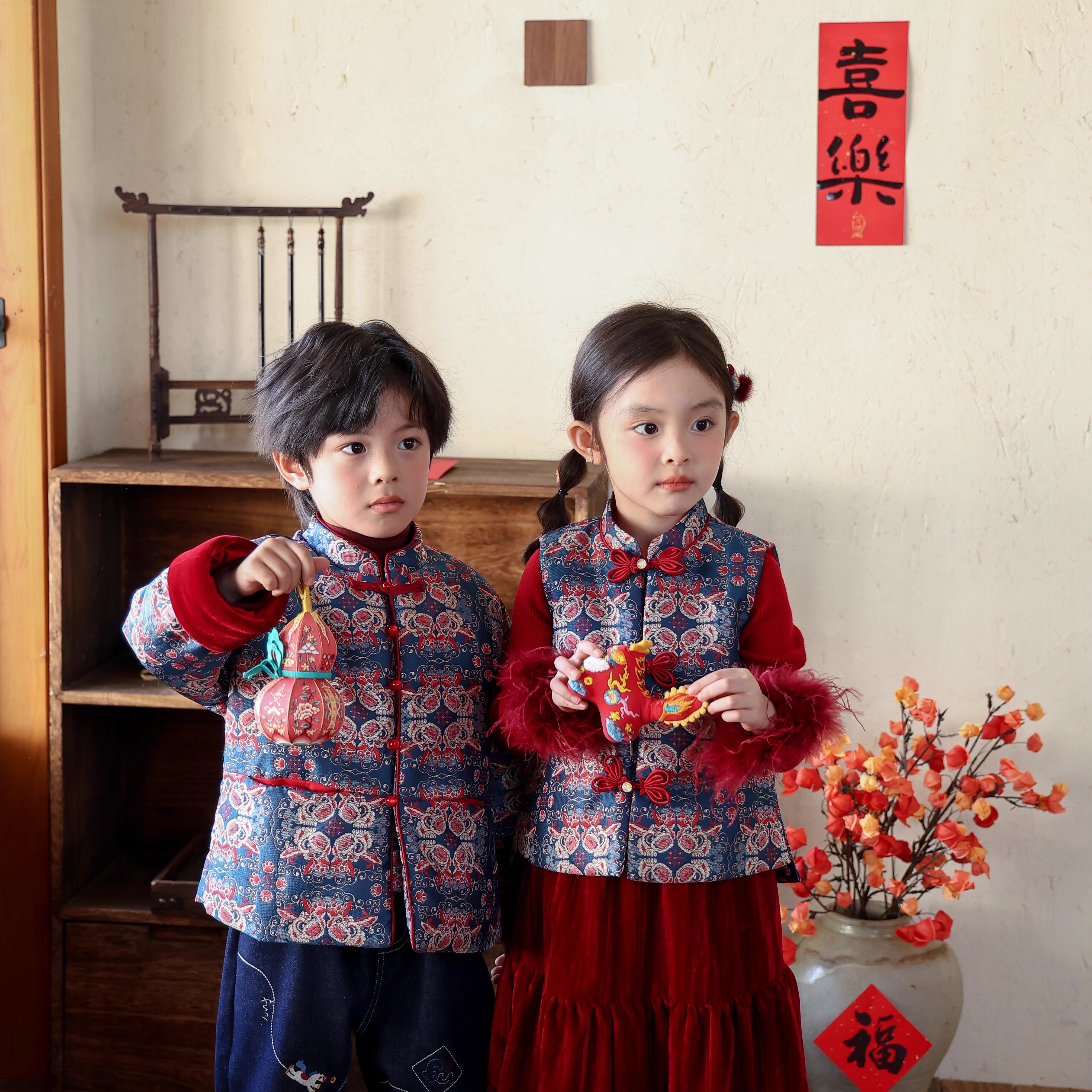 百珂乐如意醒狮新中式姐弟装中国风马甲新年男童唐装外套女童马甲,童装/婴儿装/亲子装,唐装,淘宝优惠券,粉丝福利购,淘宝优惠卷