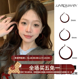 复古港风安可拉红耳圈秋冬素圈耳环女高级感耳钉女气质耳扣耳饰
