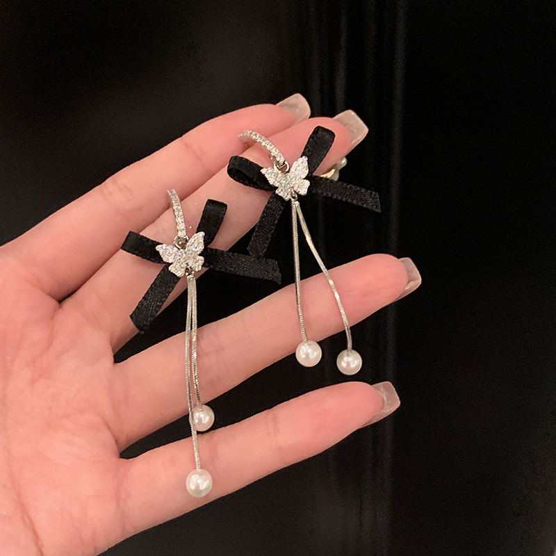 秋冬小香黑色蝴蝶结长款耳环