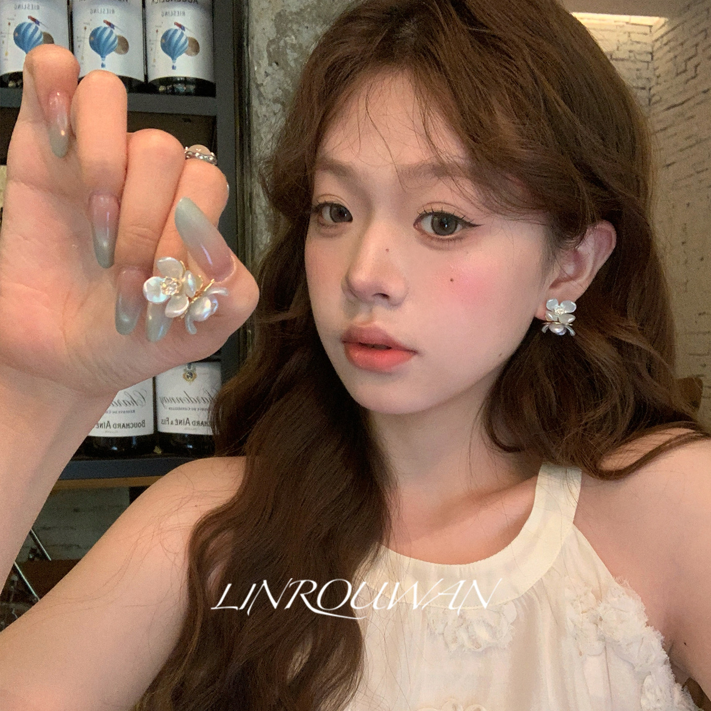 纯白茉莉 双花相拥亚克力花朵金属耳钉气质耳饰轻奢高级感耳环女