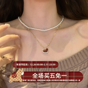 马到成功本命红色小马项链女轻奢高级感珍珠叠戴锁骨链毛衣链配饰