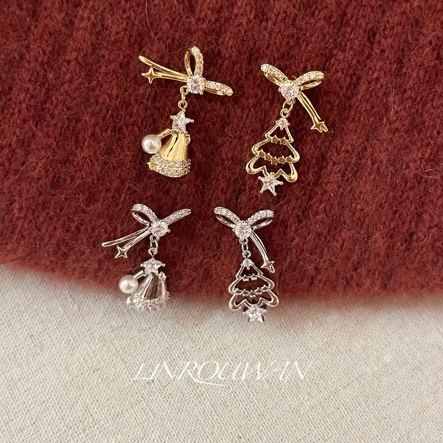 圣诞帽圣诞树AB款蝴蝶结耳钉