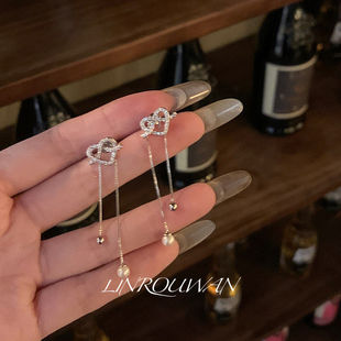 精灵摇曳 闪锆爱心后挂式仿珍珠流苏耳环高级感气质耳饰耳钉耳夹