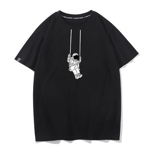 秀洛NASA短袖T恤男女太空人宇航员荡秋千图案印花情侣装半袖体恤