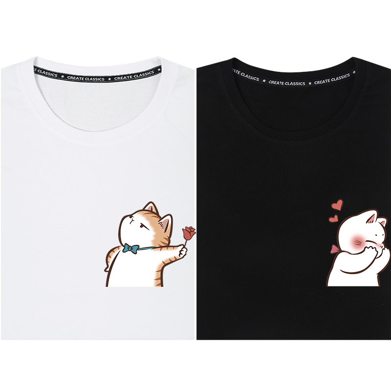 秀洛卡通猫咪情侣装夏季纯棉体恤情侣装短袖t恤女设计感小众夏季