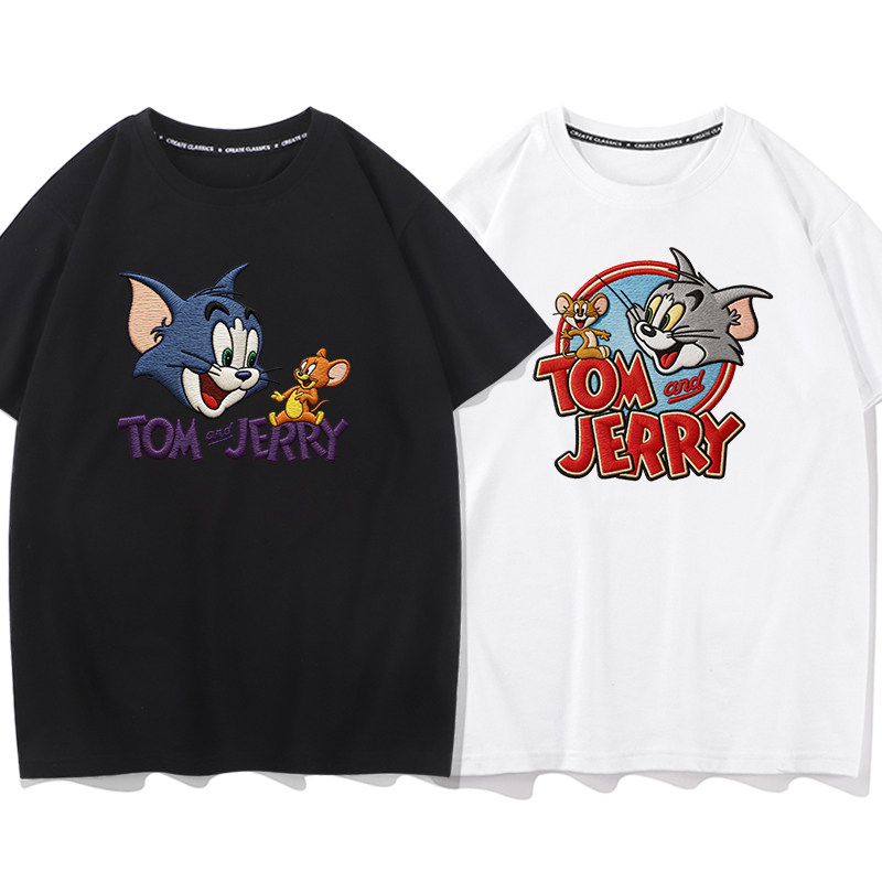 卡通动漫刺绣烫画情侣装衣服纯棉短袖T恤男女宽松猫和老鼠