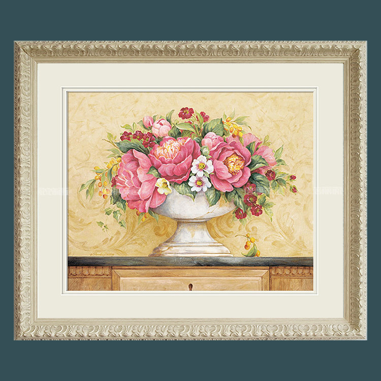 欧式盆花花开富贵美国进口原版画芯客厅玄关餐厅高档有框画装饰画