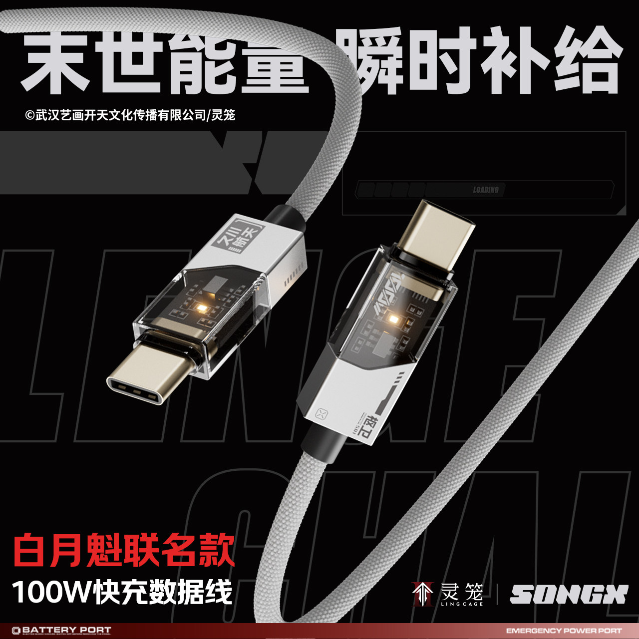 SONGX灵笼白月魁联名数据线100W快充线双Type-c快充线PD双C头数据线二次元周边适用安卓苹果小米快充数据线
