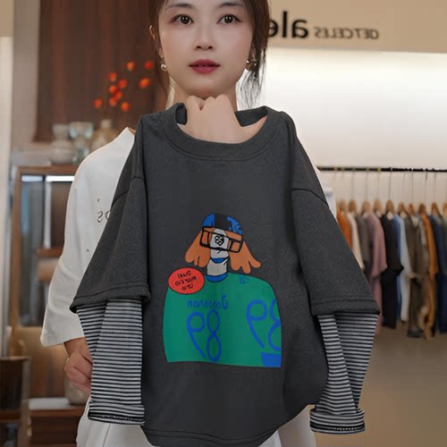 新款儿童韩版拼接长袖T恤宝宝休闲假两件宽松时尚