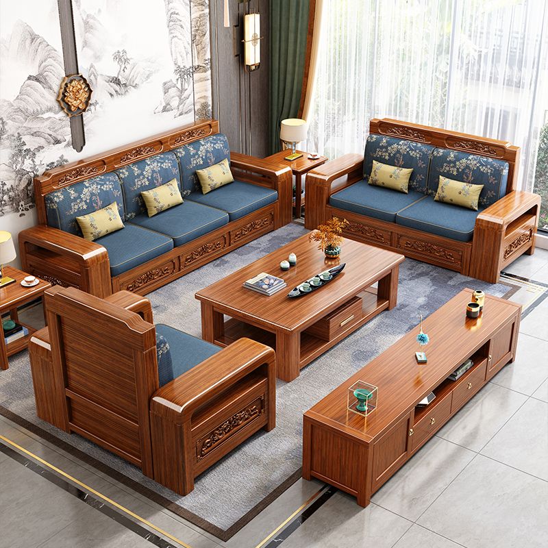 金丝胡桃木中式沙发冬夏两用家用小户型组合客厅雕花家具储物实木