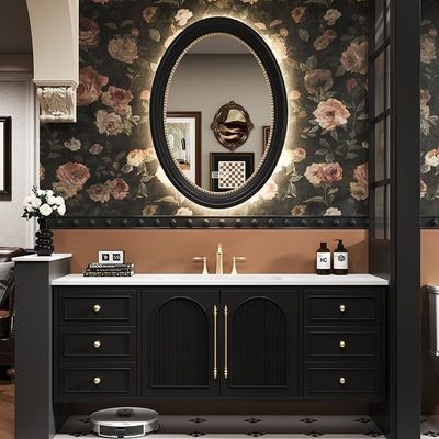 法式复古浴室柜洗漱台定制岩板热弯一体盆陶瓷卫生间洗手盆柜组合