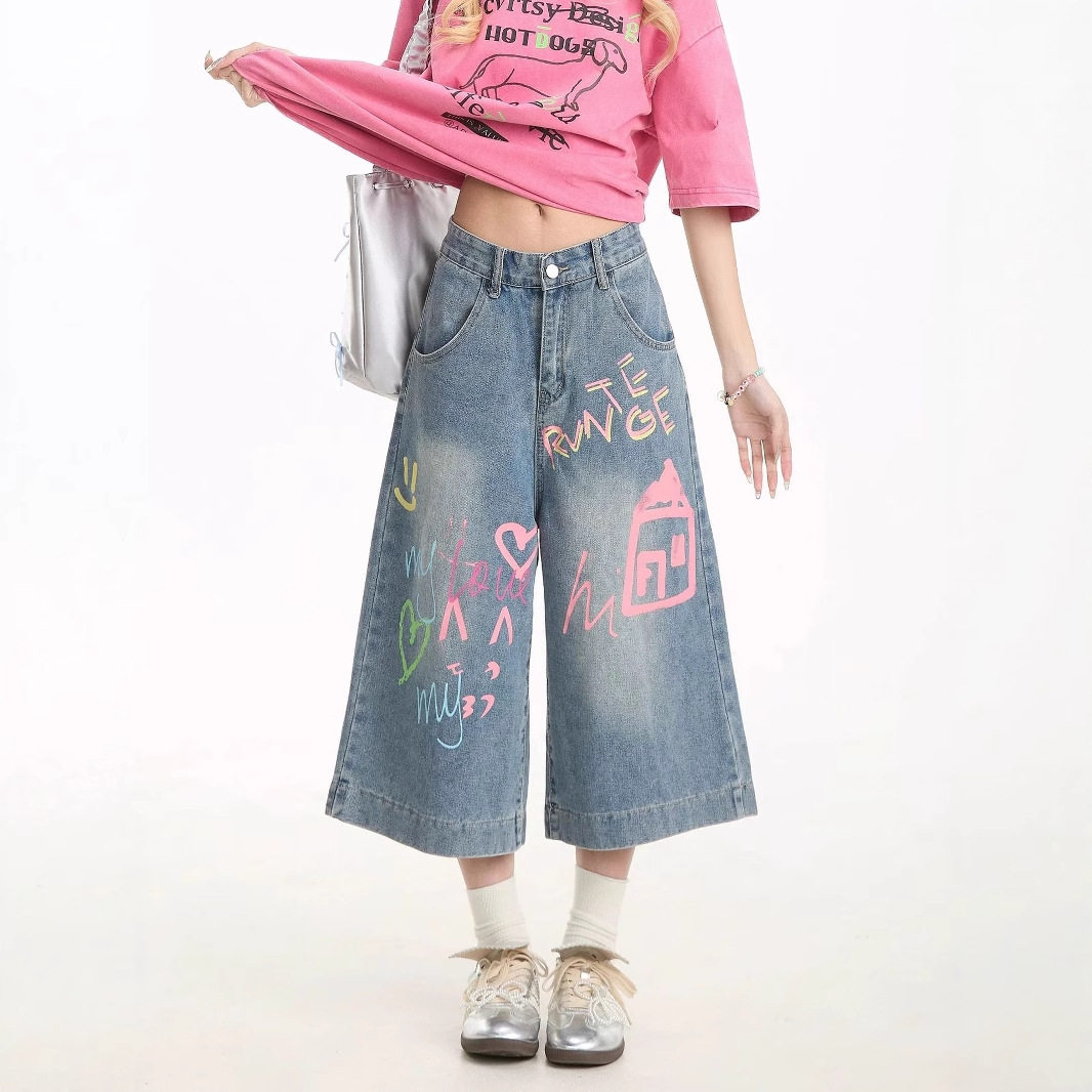 美式涂鸦印花宽松七分裤女夏薄款阔腿显瘦七分牛仔裤小个子7分裤