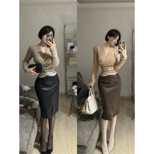 希野逸儿/设计感柔软PU皮裙女性感前开叉高腰包臀短裙气质半身裙