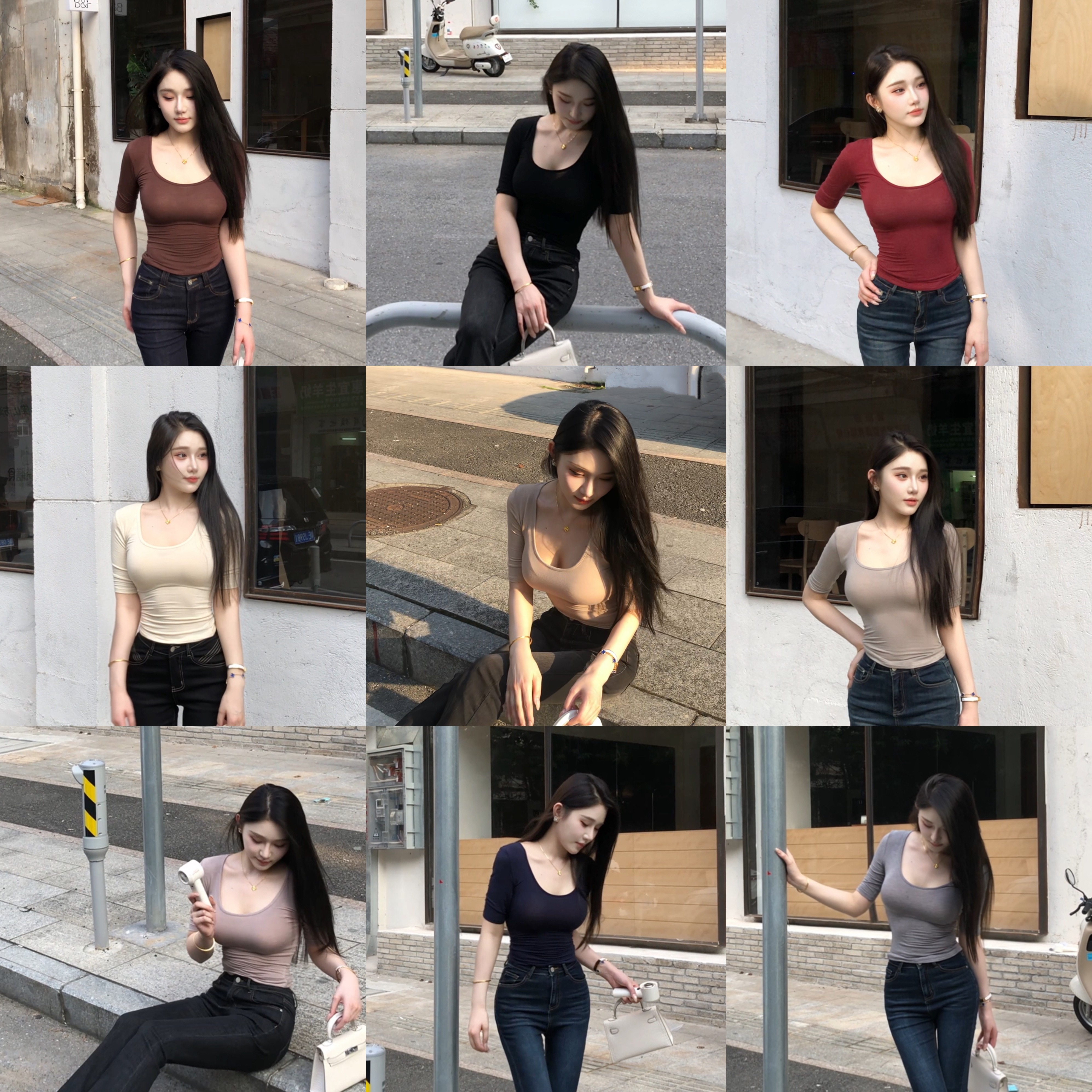 纯欲U领软糯肤感料抽褶五分袖