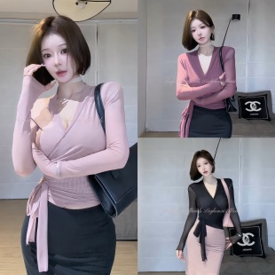 希野逸儿 显瘦御姐纯欲性感外穿上衣女2025 双层网纱深V领交叉修身