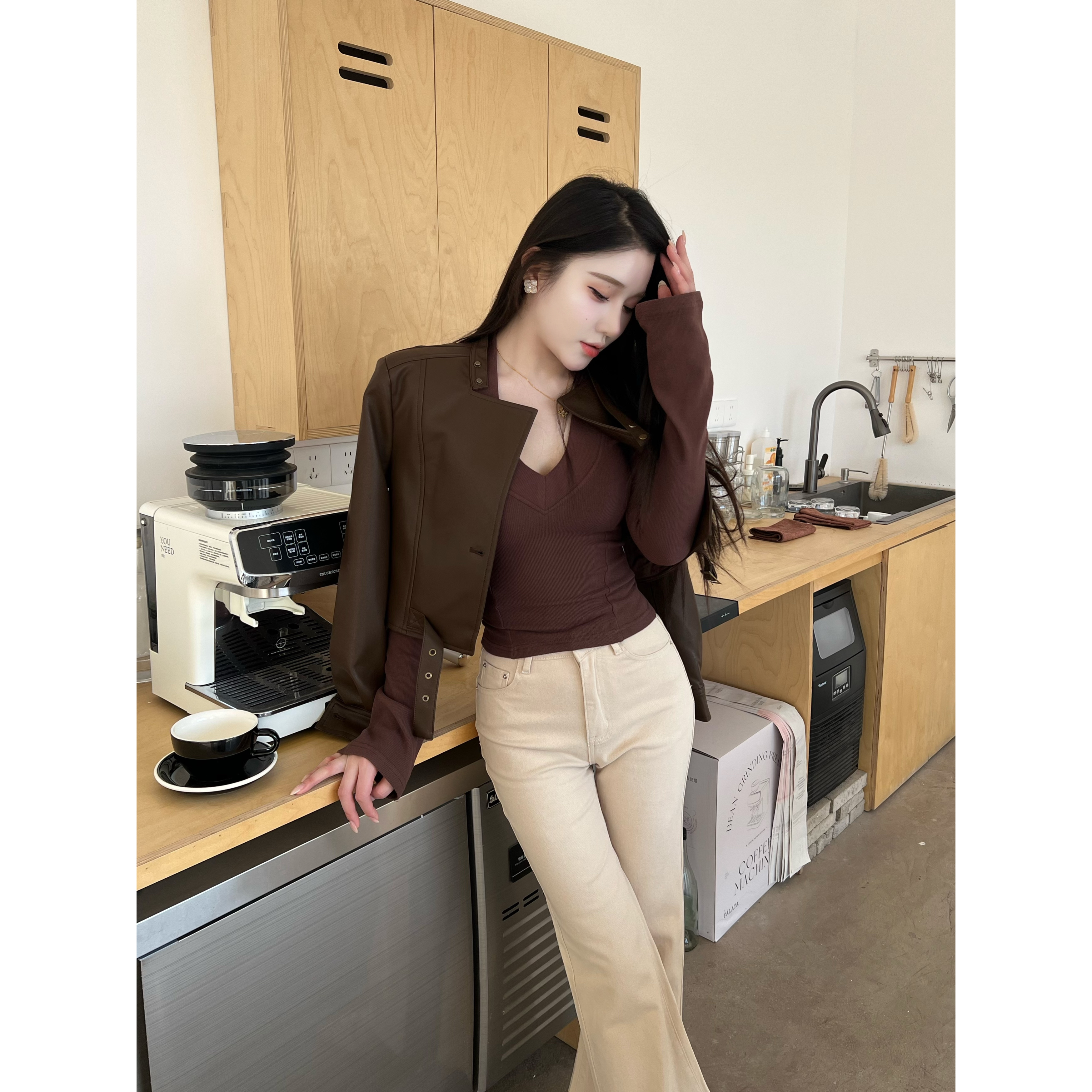 希野逸儿/美式复古棕色pu小皮衣外套女2025秋冬短款皮夹克修身