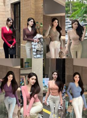 韩版纯欲V领长袖女秋冬修身打底