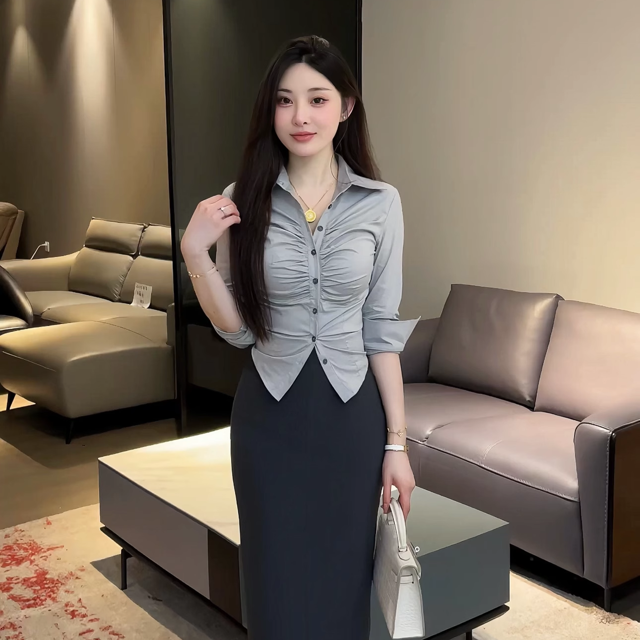 韩版polo领单排扣褶皱长袖衬衫女