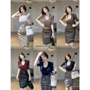 希野逸儿/纯欲性感慵懒纯色基础款大U领短袖T恤上衣女2025秋新