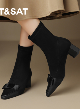 星期六尖头高跟鞋瘦瘦靴女2025秋冬季加绒细跟弹力靴配裙子巨好看