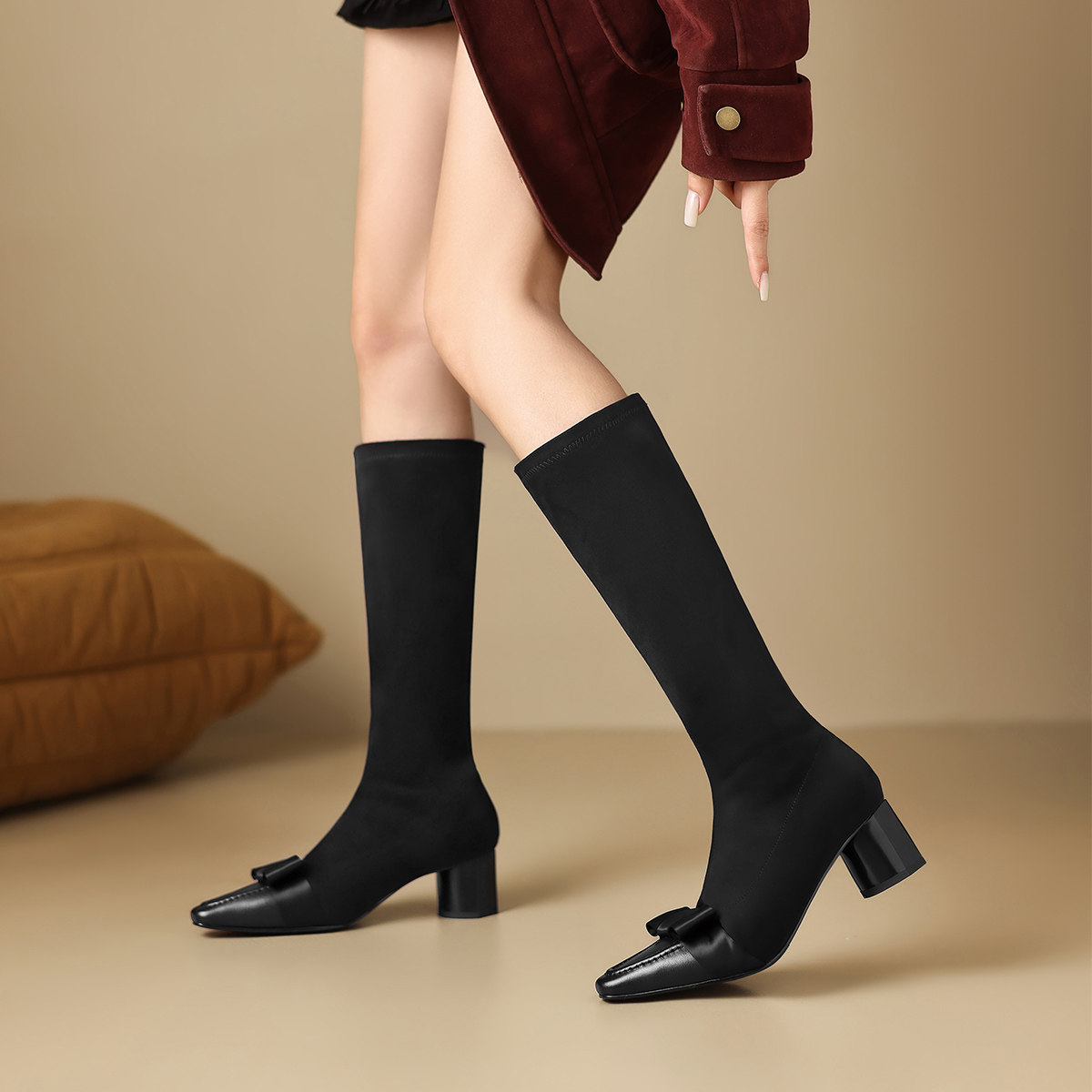 星期六法式复古弹力骑士靴女