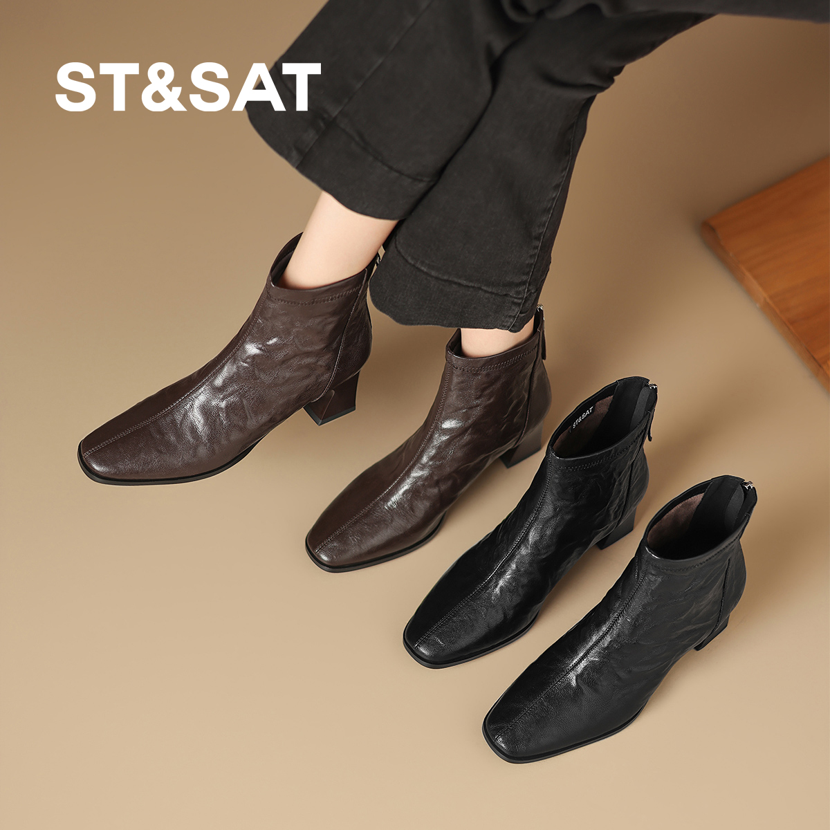 星期六加绒保暖瘦瘦靴女2025冬季新款粗方头短靴通勤百搭时装靴