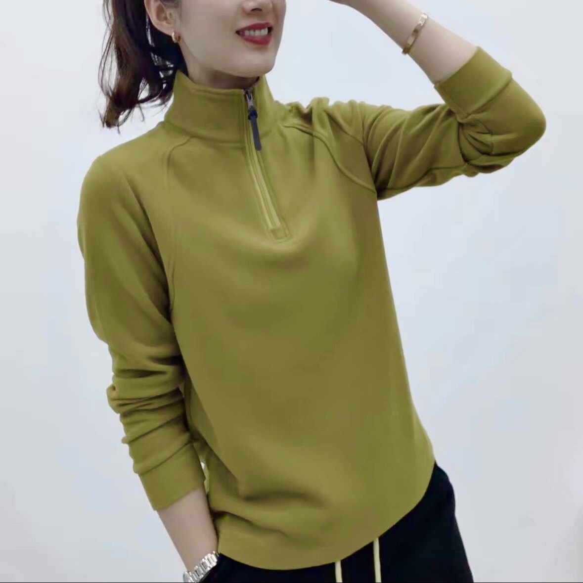 2025新款女士双面德绒拼接立领卫衣休闲气质百搭显瘦纯色套头上衣