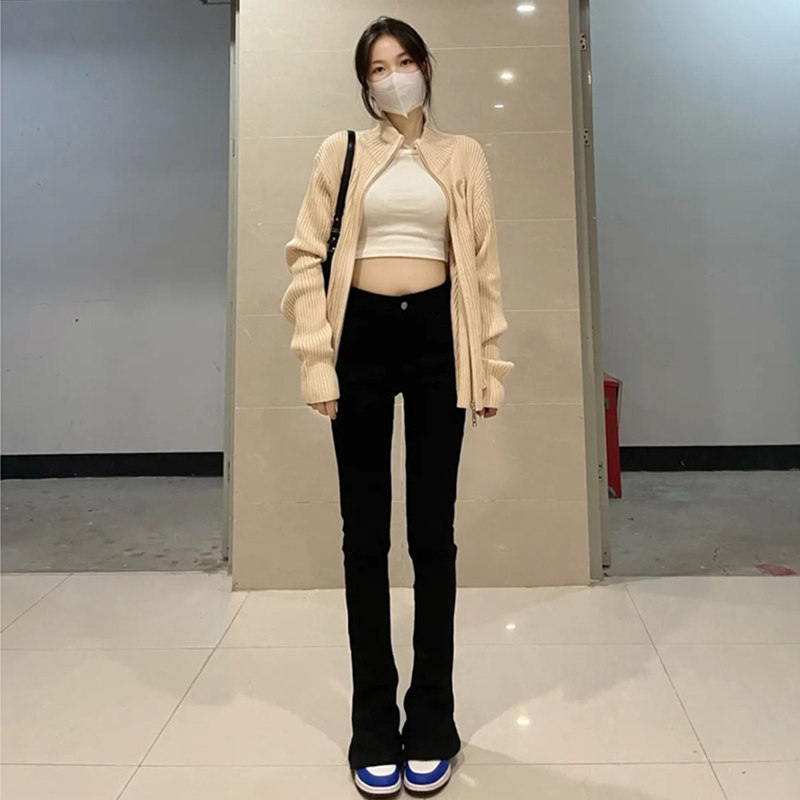 175高个子加长马蹄牛仔裤女春秋微喇叭裤黑色显瘦百搭修身拖地裤