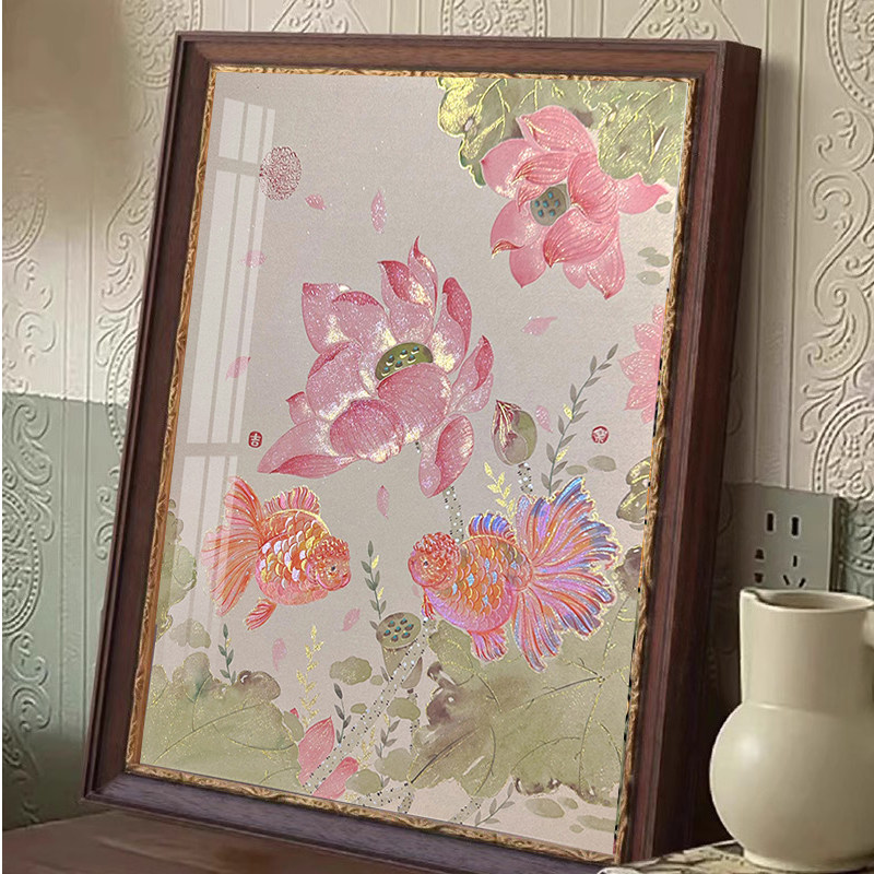 荷花锦鲤钻石画满钻2025新款客厅高级感手工diy贴钻画十字绣带框