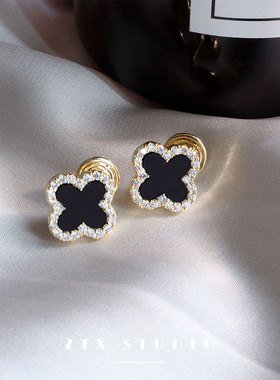 ZTX 轻奢黑色四叶草蚊香盘耳夹无耳洞女高级感气质百搭无痛耳钉