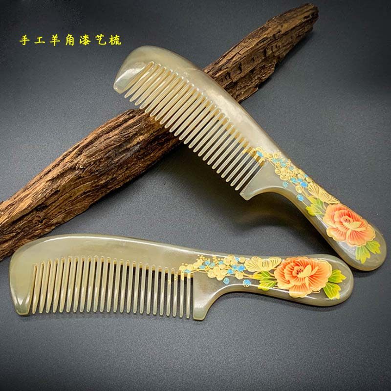 加厚羊角漆绘工艺梳手绘漆艺梳子按摩保健梳家用防静电防脱发角梳