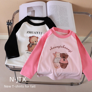 儿童长袖德绒打底衫女童印花圆领打底衫撞色插件款