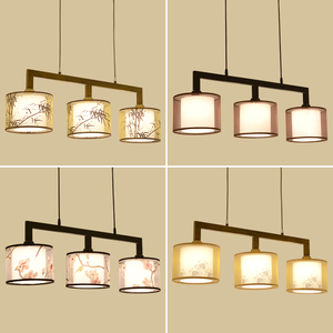 新中式客厅吊灯现代简约仿古布艺个性创意吧台三头长方形餐厅灯具