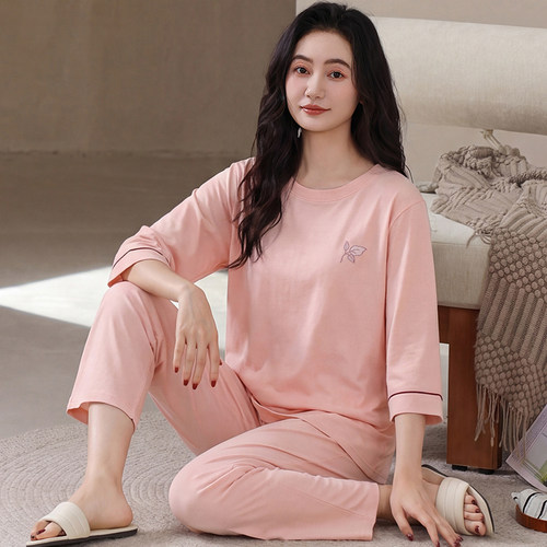 睡衣女春秋纯棉七分袖长裤家居服
