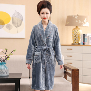 单件睡袍妈妈秋冬季中长款珊瑚绒女士睡衣加绒加厚冬款家居服浴袍