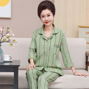 纯棉中老年妈妈休闲家居服两件套装 新款 七分袖 开衫 睡衣女士春夏款
