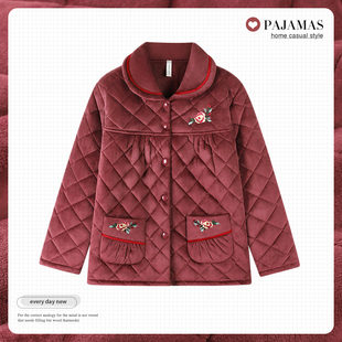 中年妈妈单件上衣珊瑚绒夹棉三层加厚开衫长袖大码可外穿睡衣女款