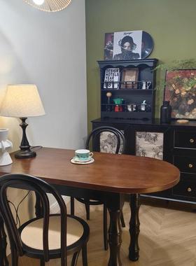 全实木椭圆多人法式复古黑色饭桌美式半圆弧形桌子商用桌家用餐桌