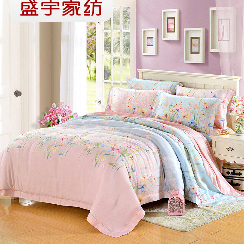 盛宇家纺夏季天丝四件套双面欧式1.5米床上用品丝滑床单被套粉韵