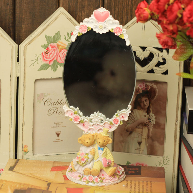韩式小熊婚礼化妆镜 泰迪熊台式化台镜 树脂田园梳妆镜装饰镜