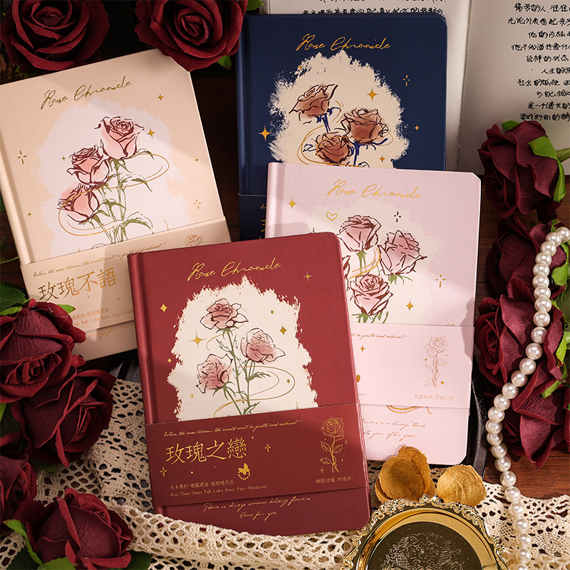 新款玫瑰记事复古精装本植物花卉插画手帐本高颜值笔记本子手账本-封面