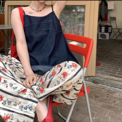 女夏季棉绸花裤薄款阔腿裤家居运动简约可外穿人造棉薄款九分裤