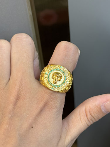 足金黄金镜面镶嵌骷髅头戒指送女友礼物