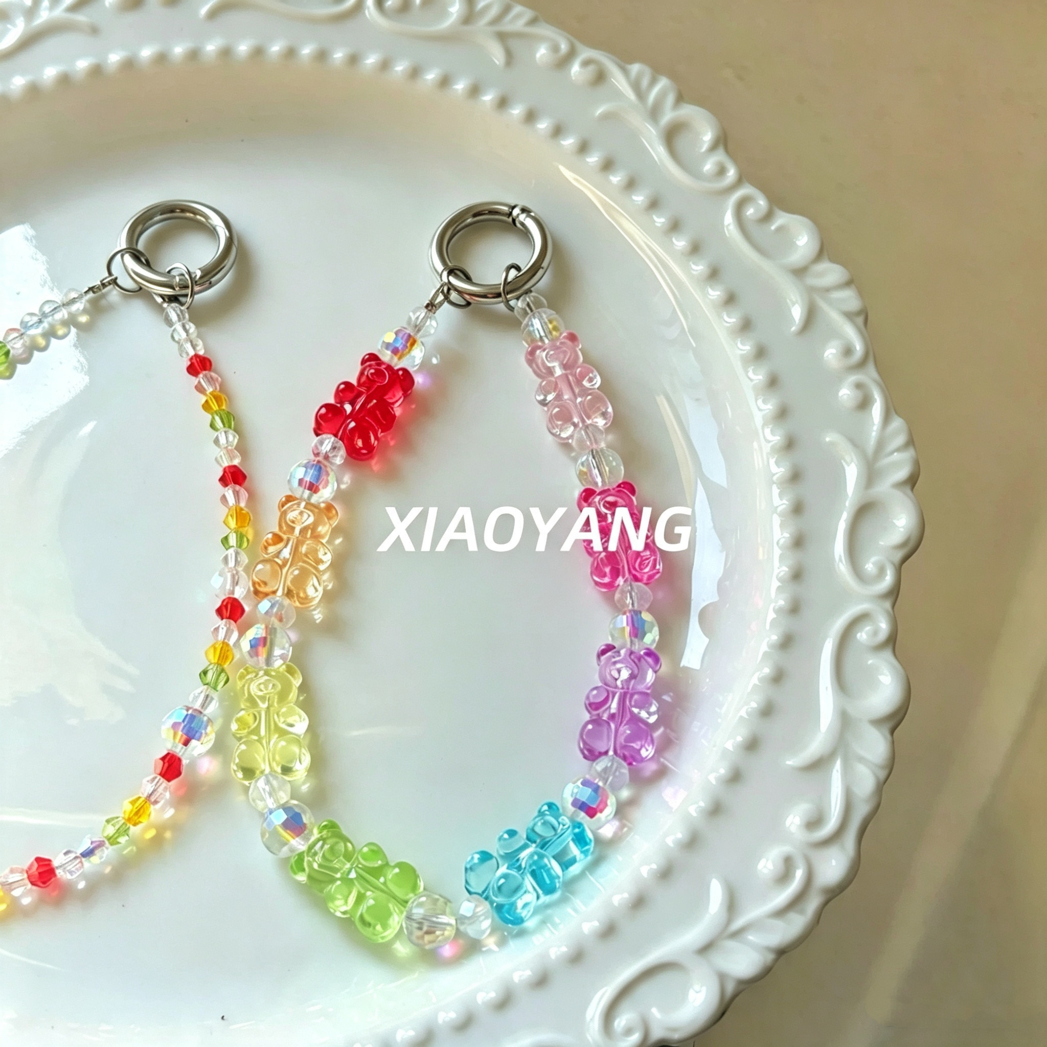 彩色软糖小熊手机链短款甜美少女水晶防丢钥匙扣挂件